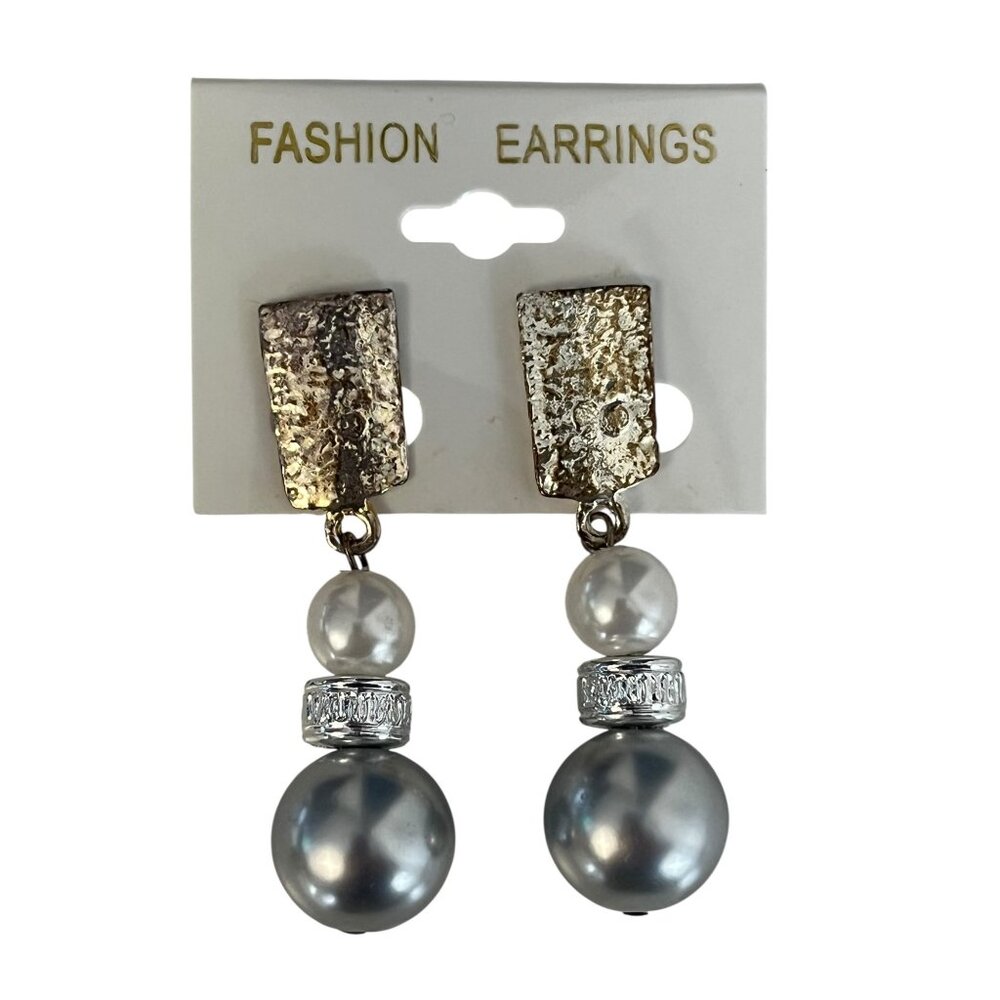 Vintage Clip-On Earrings Faux Pearl Silver Tone Drop Dangle Mid Century Style